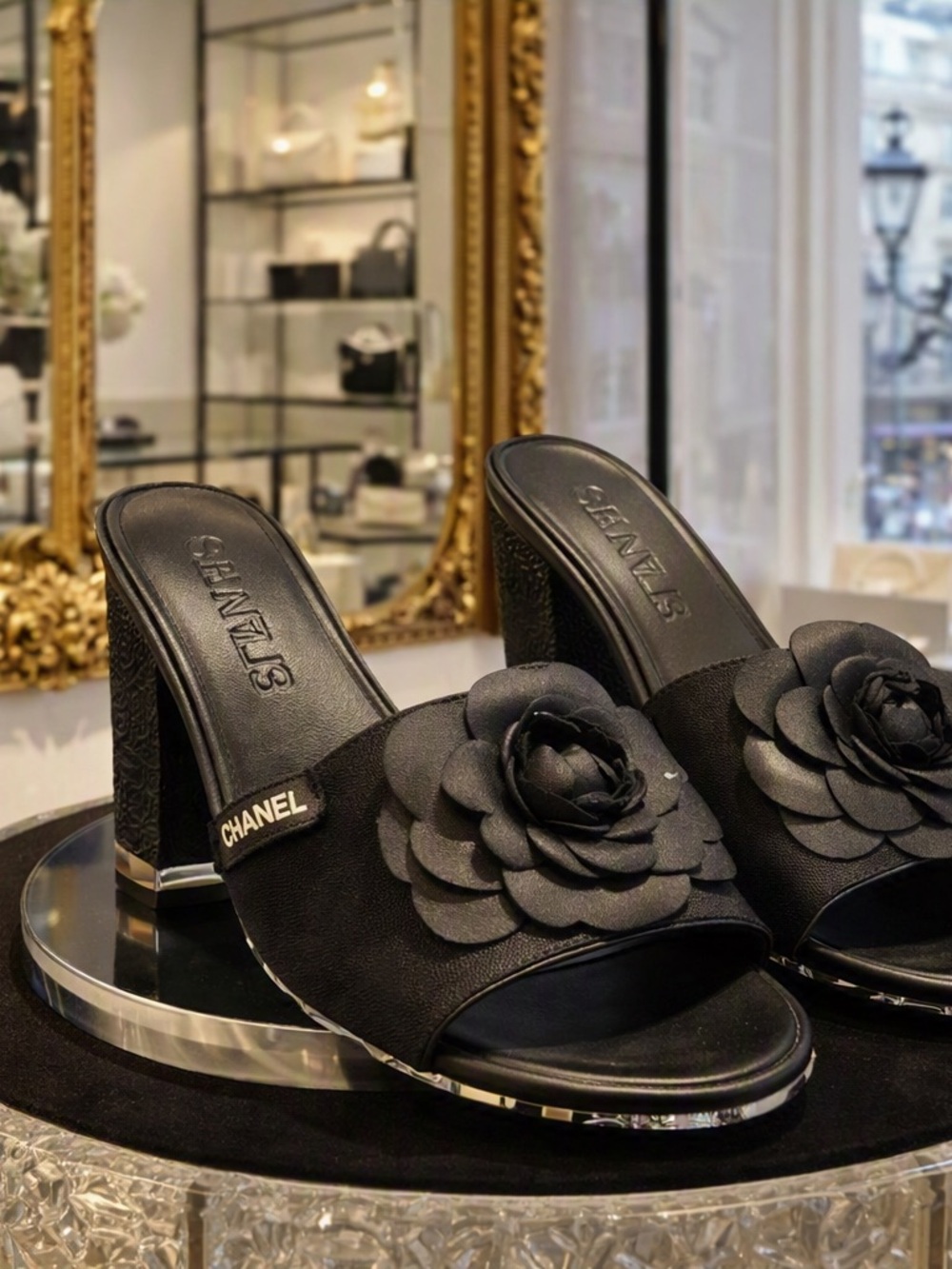 CHANEL Black Camellia Block Heel Mules